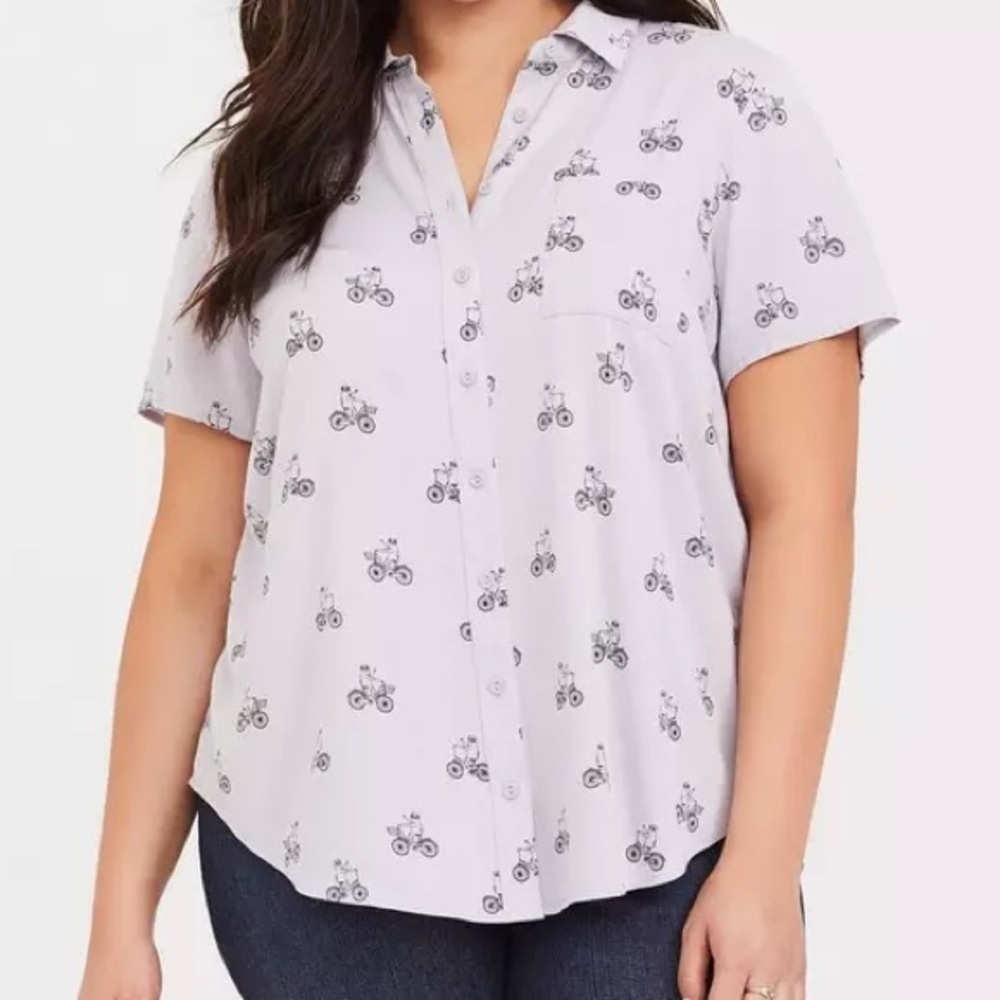 Torrid Stretch Challis Purple Sloth Button Front Blouse Shirt Top